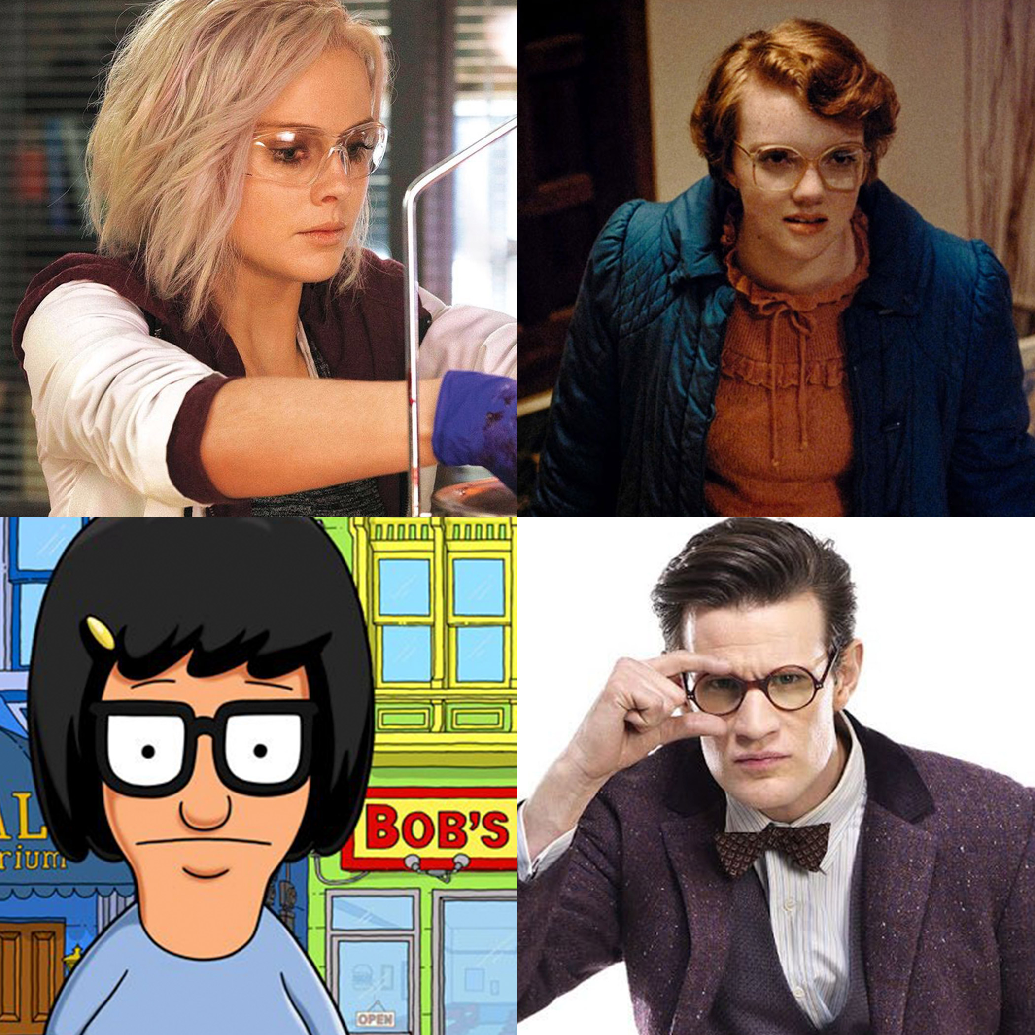 Individuals in iconic glasses: a lab worker, a young woman, a cartoon character, and a man adjusting his bow tie.