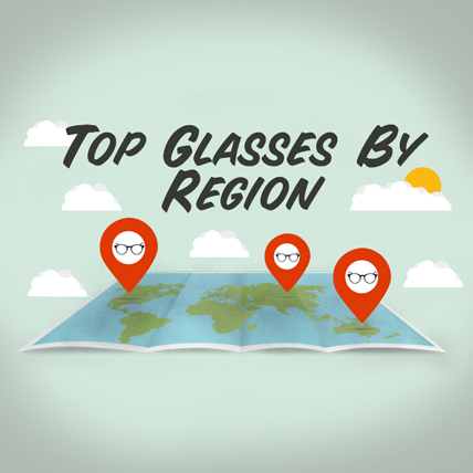 Top Glasses by Region. Three red map markers with glasses icons on a world map.