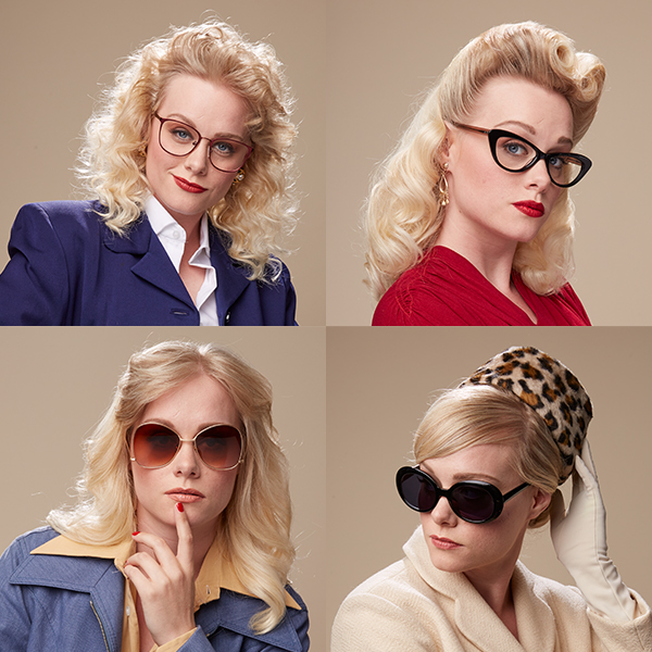 Woman modeling four different styles of vintage eyeglasses and sunglasses with 1940s-inspired hairstyles.