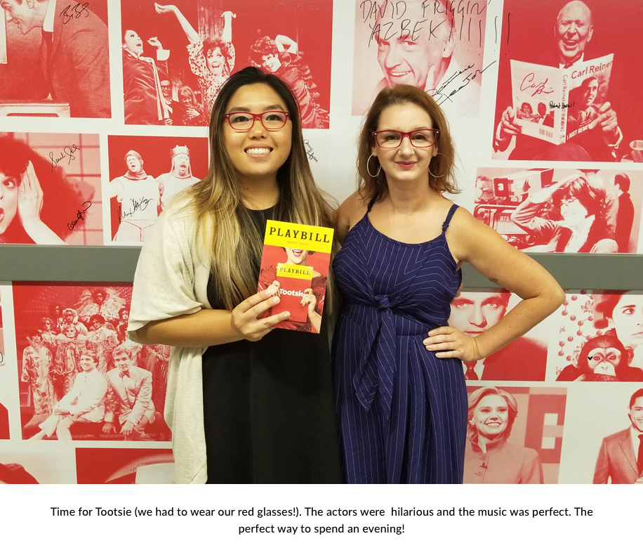 Two women smiling, one holding a "Tootsie" Playbill. Caption: "Time for Tootsie (we had to wear our red glasses!). The actors were hilarious and the music was perfect. The perfect way to spend an evening!"