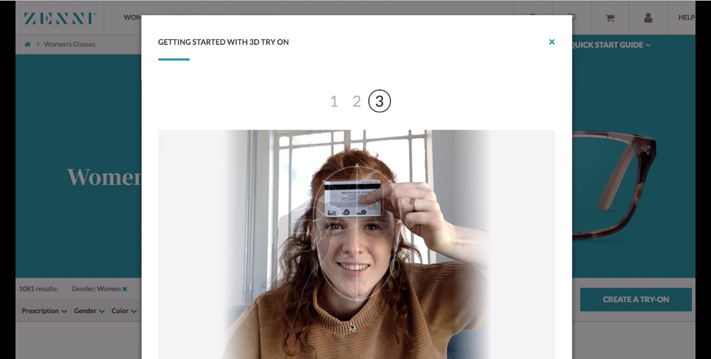 3D Try On instructions: Getting Started with 3D Try On. 1, 2, 3. Woman holding a card in front of her face.