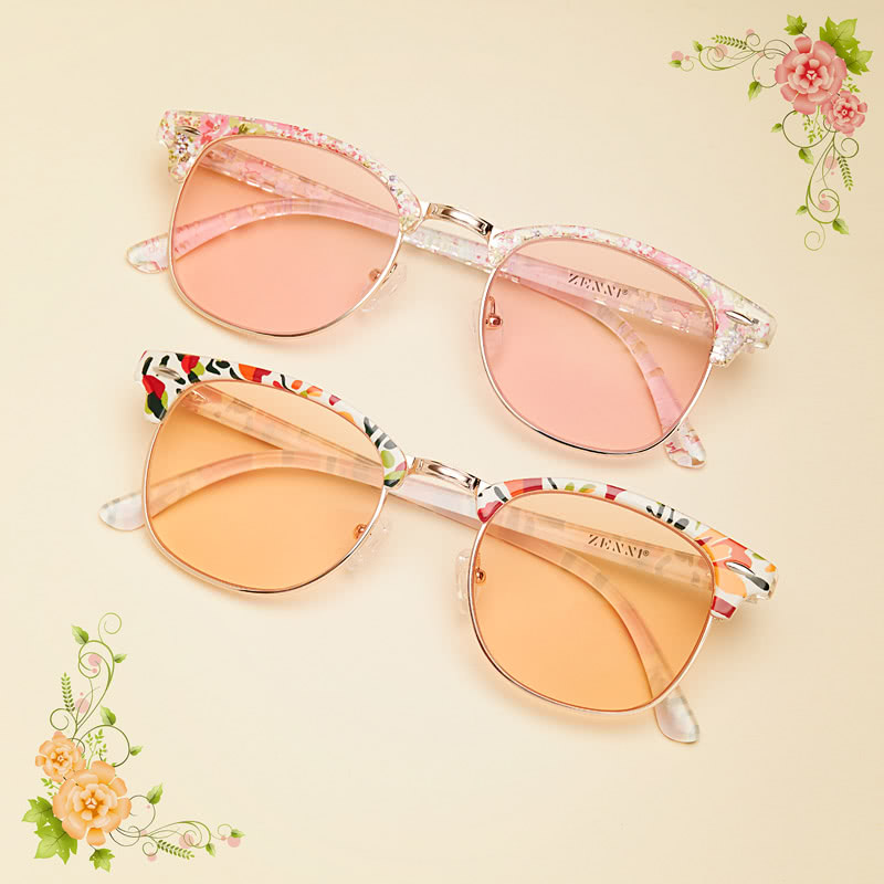 Two pairs of floral-accented pink sunglasses with "ZENNI" text on the lenses.