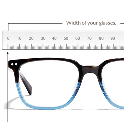 Tortoise shell and blue frame glasses below a ruler demonstrating the width=