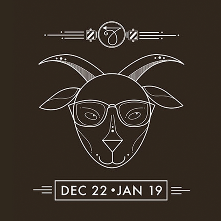 Capricorn zodiac symbol of a goat wearing glasses. Dates: Dec 22 - Jan 19.