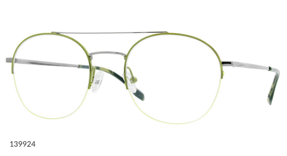 Round, light green, wireframe eyeglasses with clear nose pads. Text in the image: 139924.