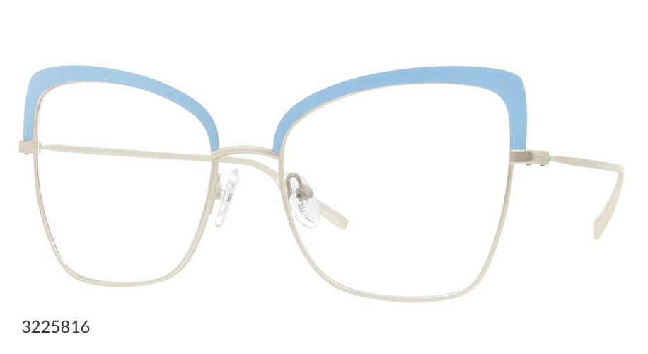 Cat-eye eyeglass frame with silver rims and light blue accents. Model number 3225816.