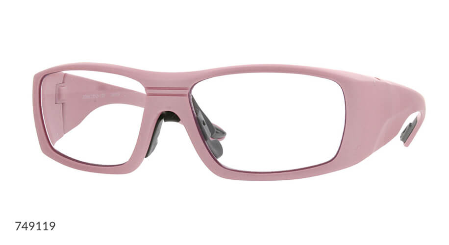 Pink safety glasses with black nose pads. Model number 749119.