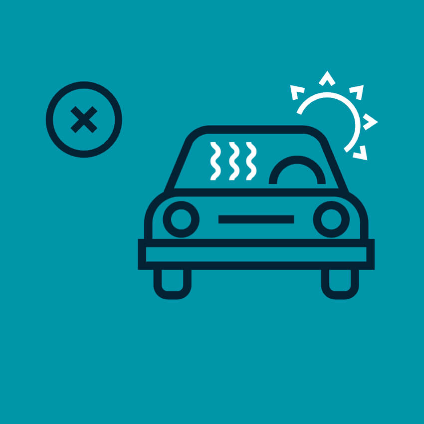 Car with heat waves, sun icon above, and crossed-out circle symbol on the left.