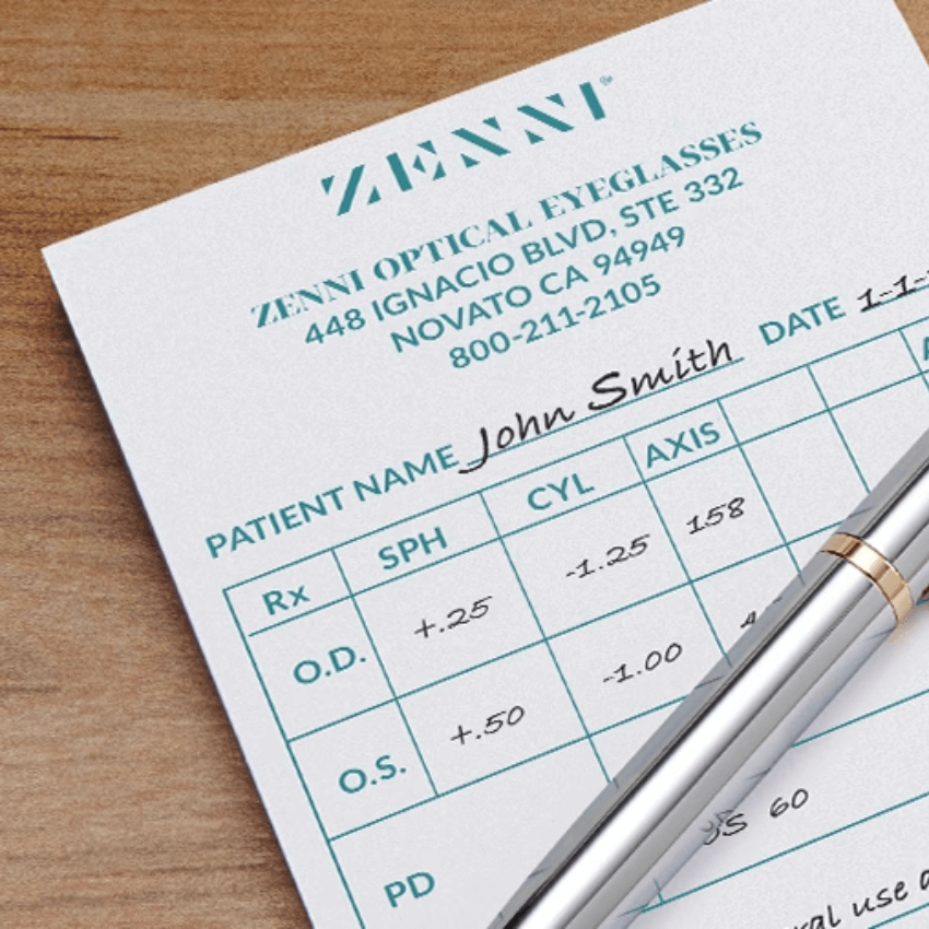 ZENNI OPTICAL EYEGLASSES prescription form. Patient: John Smith. O.D: +0.25 -1.25 158. O.S: +0.50 -1.00 048.