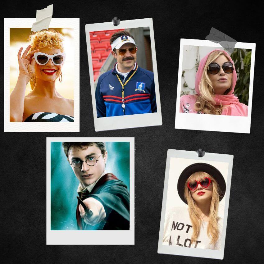 Five polaroid pictures showing different characters, including Harry Potter aiming his wand.