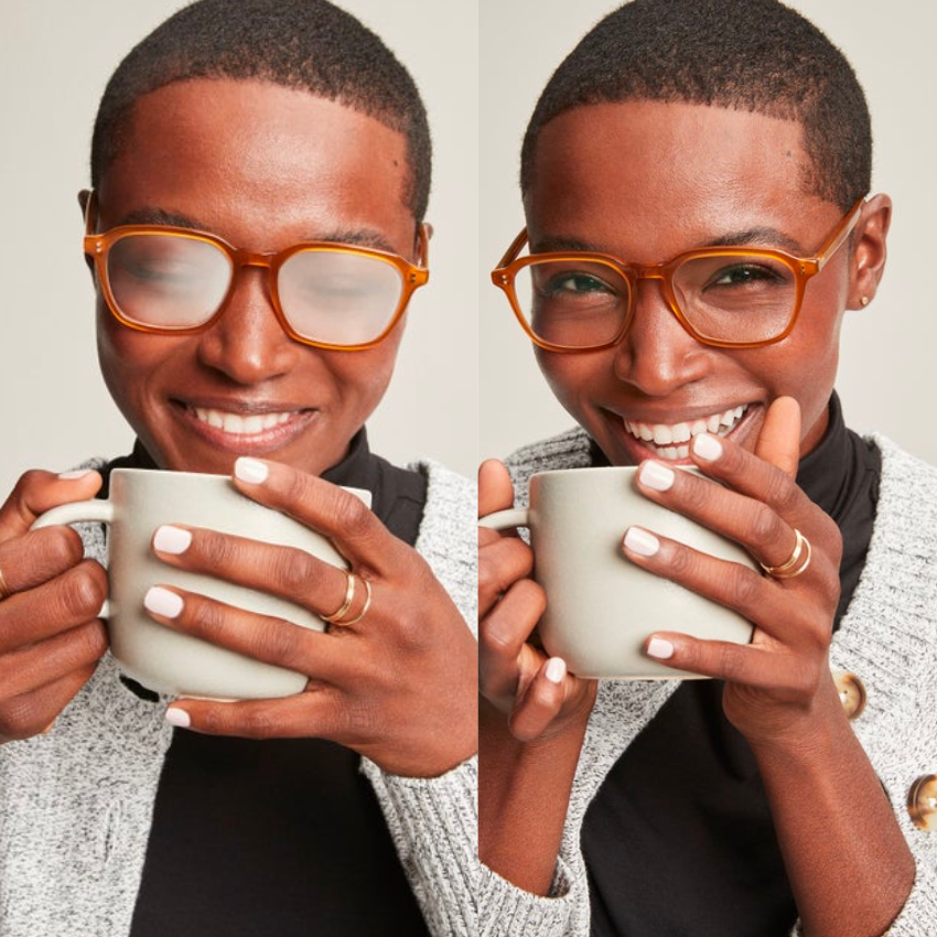 Woman holding grey mug; left shows foggy glasses, right shows clear glasses.