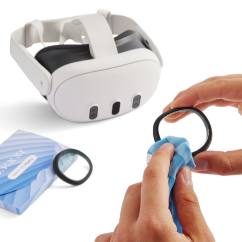 White VR headset with strap. Hands clean a lens with a blue cloth. Box with "CARVIA" text and lens nearby.