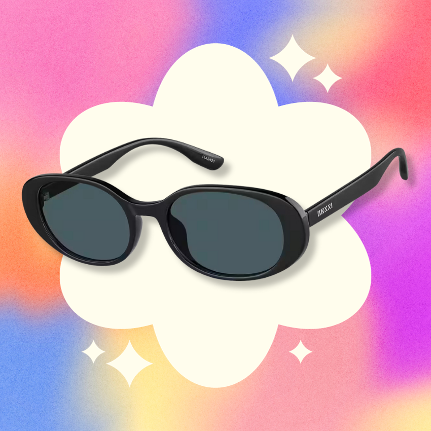 Black oval sunglasses with dark lenses, stamped with "Z.N.K.N.Y" on the right temple.