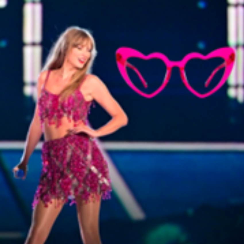 Bright pink heart-shaped sunglasses displayed prominently.