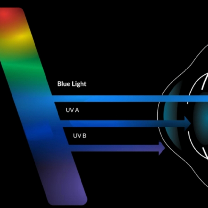 Spectrum diagram showing Blue Light, UV A, and UV B rays targeting an eye.