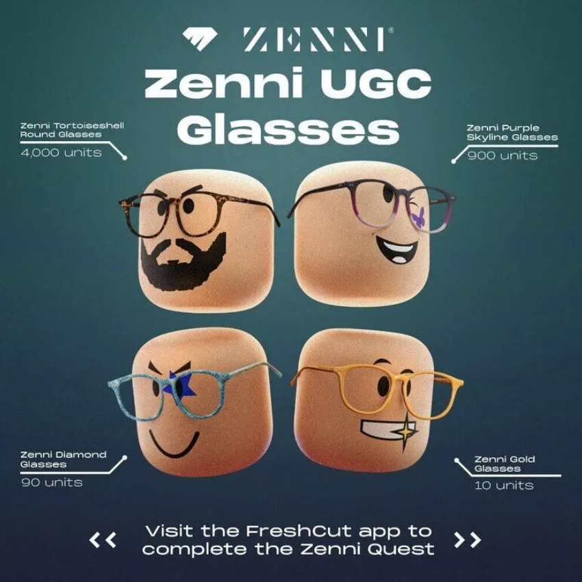 Zenni UGC Glasses. Top left: Zenni Tortoiseshell Round Glasses, 4,000 units. Top right: Zenni Purple Skyline Glasses, 900 units. Bottom left: Zenni Diamond Glasses, 90 units. Bottom right: Zenni Gold Glass
