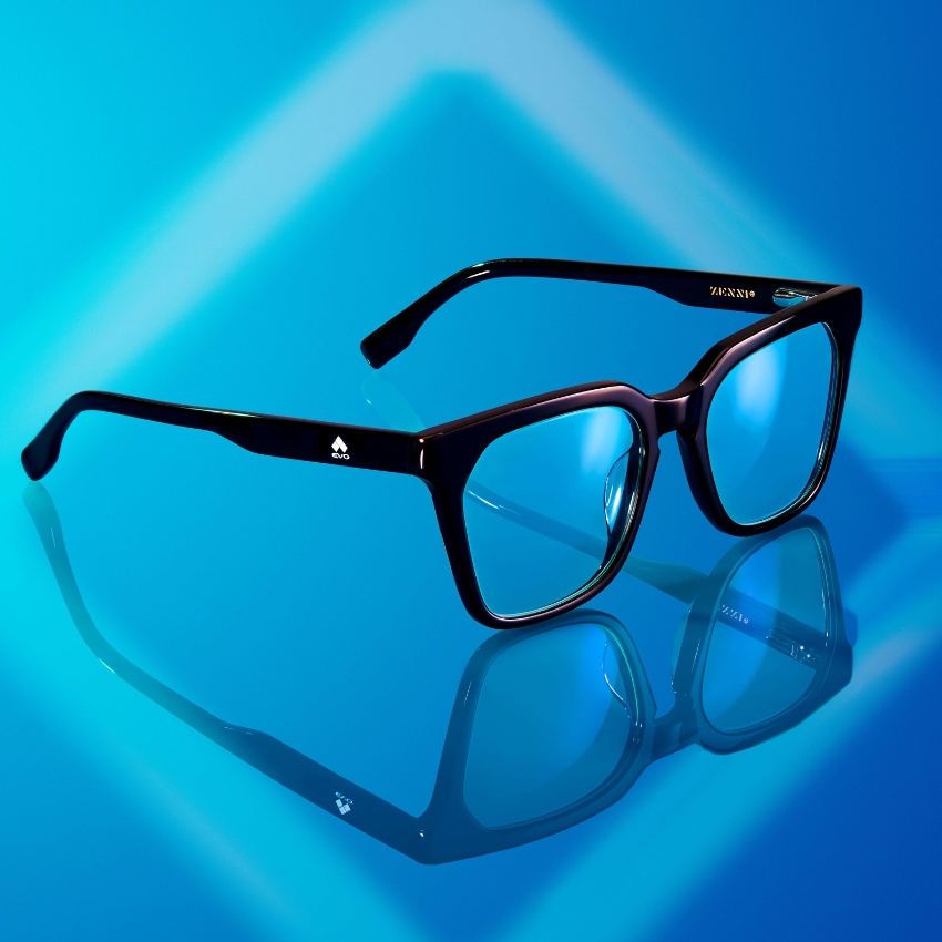 Black rectangular eyeglasses with clear lenses, branded with "Zenni" on the arm and "evo" on the frame.
