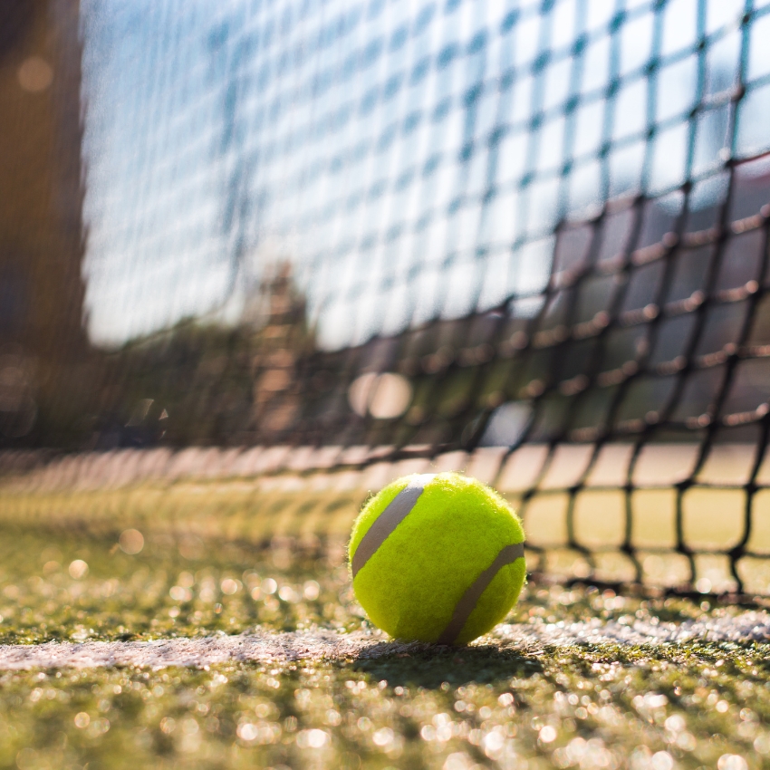 Tennis ball resting on the grass court near the bottom of a net.